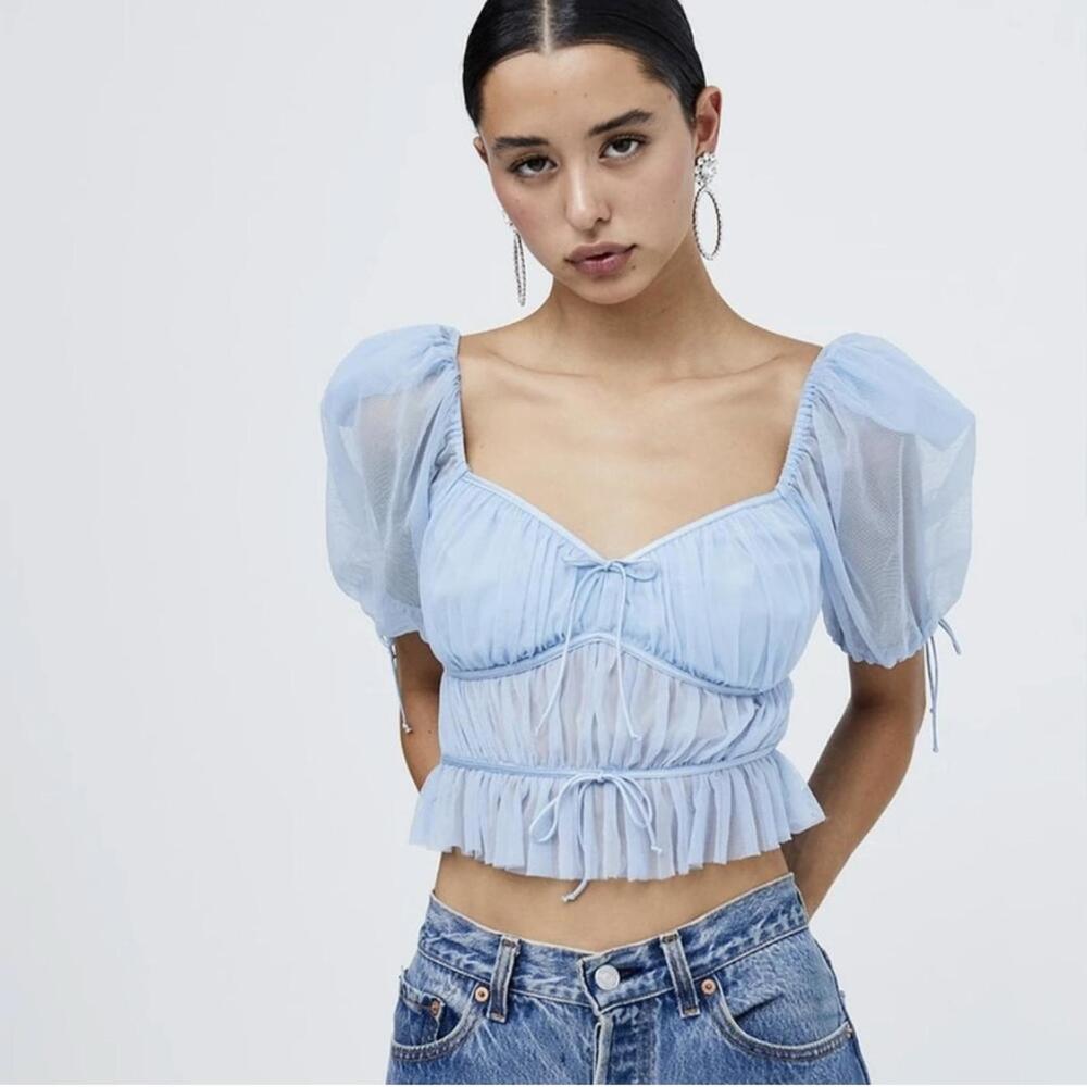 For Love & Lemons Sunshine Sheer Mesh Puff Sleeve Crop Top Light Blue M